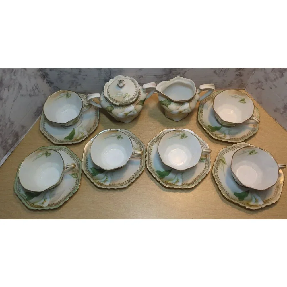 Antique RS Germany/Prussia Sugar Bowl Creamer 6 cups & 6‎ saucers Calla Lily